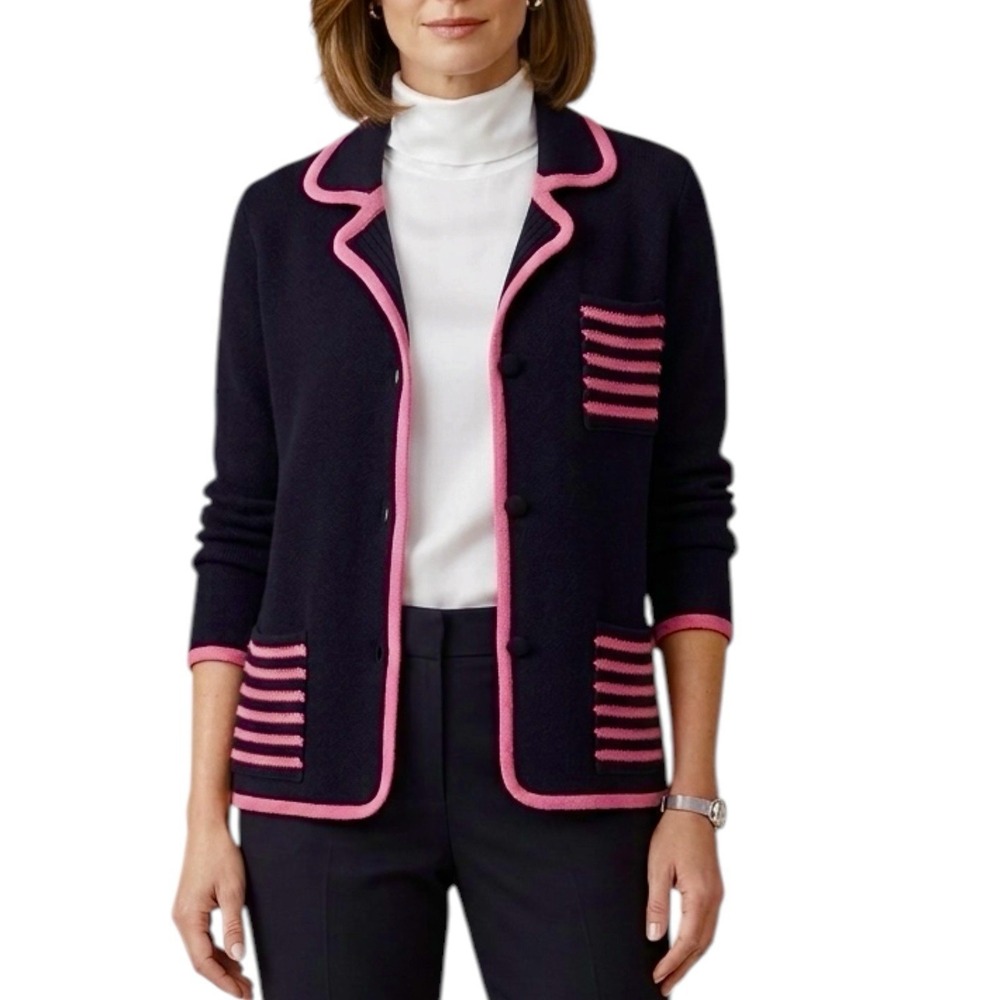 A GIANNETTI Cardigan Jacket sz L 100% Wool Black Pink Business Casual Careerwear